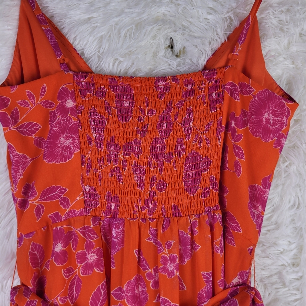 Eliza J Med Orange Floral Asymmetrical Midi Strappy Dress Smocked Tie Flowy - Picture 4 of 10